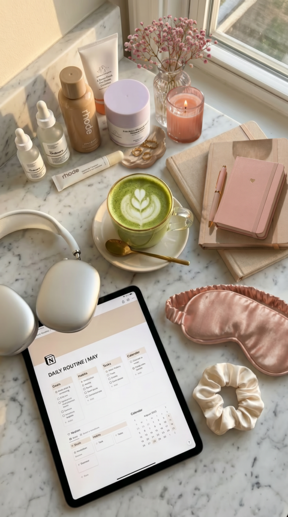 Christian Girly morning routine. Matcha Coffee, Journals, headphones and skin products.