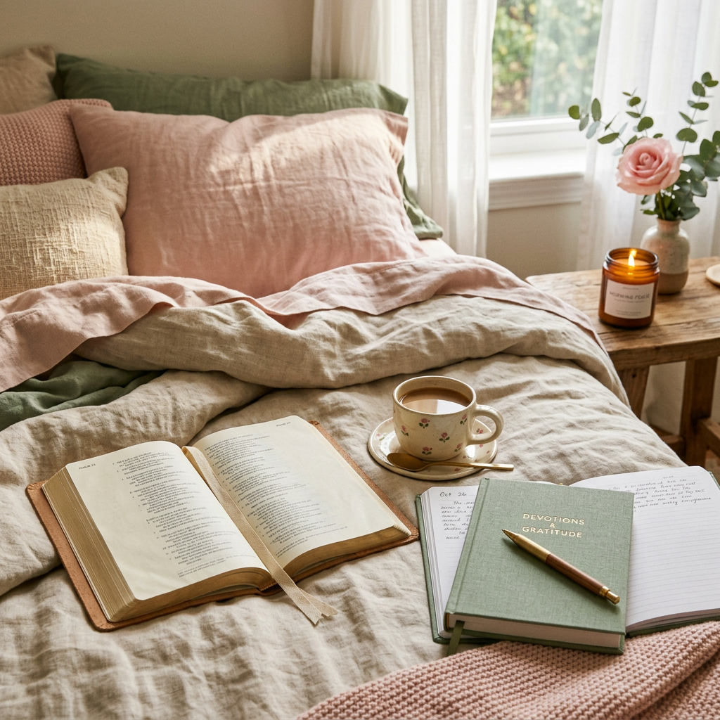 A cup of tea, a bible and a devotional journal have been placed on a bed with light pink and green linen bedding. There's a candle lit on the side table and there is soft lighting.