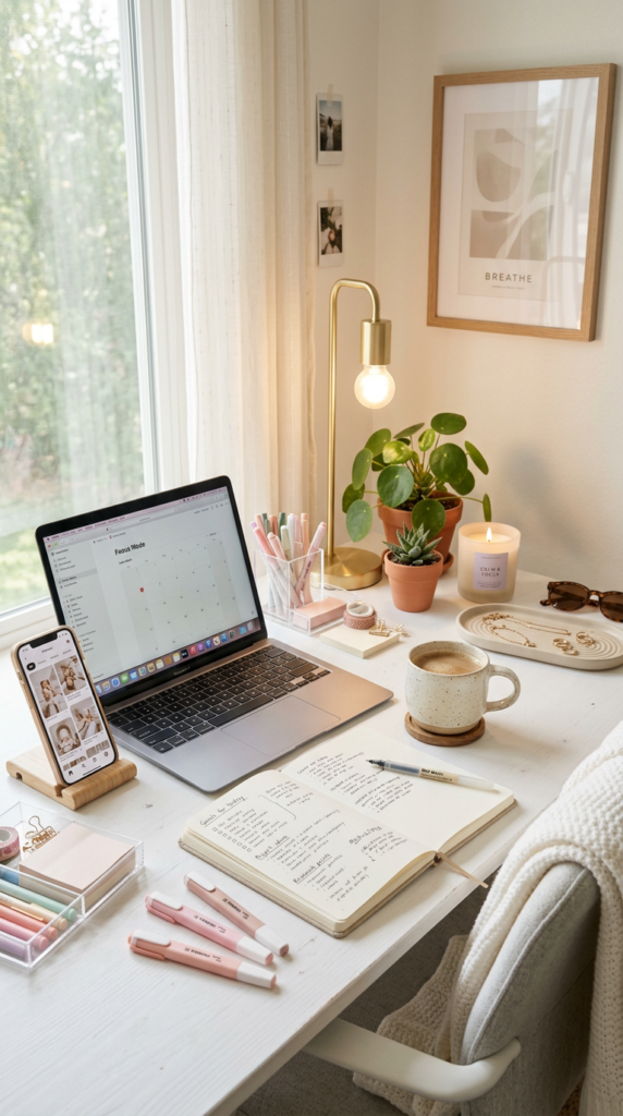 Christian Girly Morning Routine desk setup. There is a laptop, coffee, jornal open, highlighters and a bible.