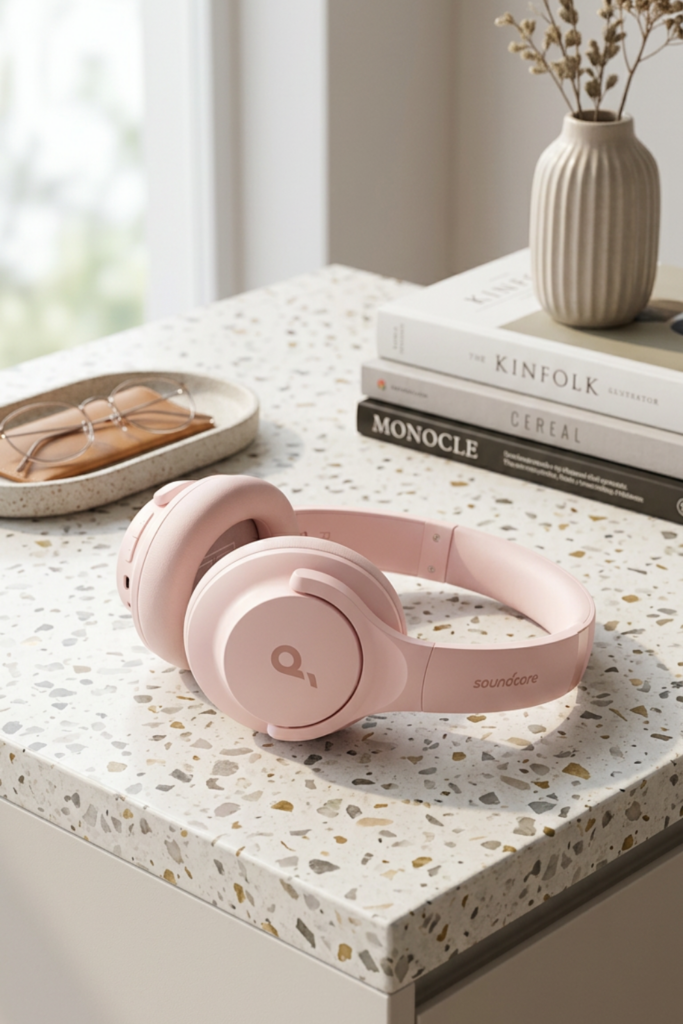 Christian Girly Morning Routine. Pink Soundcore headphones sitting aesthetically on a table.