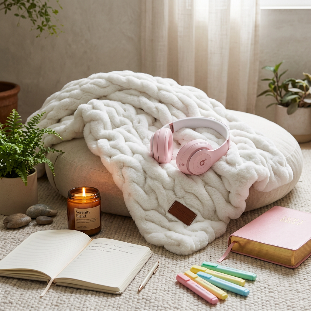cozy meditation space with a lit candle, headphones and white blanket.